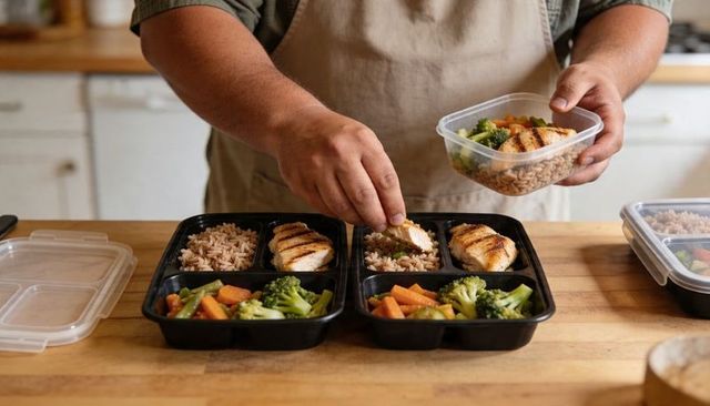 Man packing grilled chicken and brown rice meal prep containers on wooden countertop