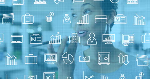 Woman Engaging in Business Call with Financial Icons Overlay