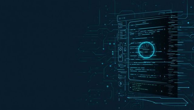 Futuristic holographic interface with digital code and circuit traces