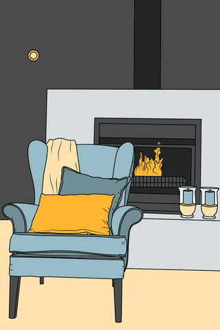 Illustration of armchair with fireplace and decor in transparent background