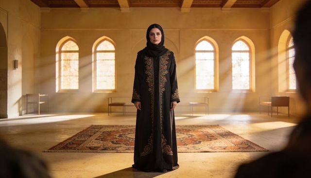 Woman in embroidered abaya standing in sunlit prayer hall with ornate carpet and arches