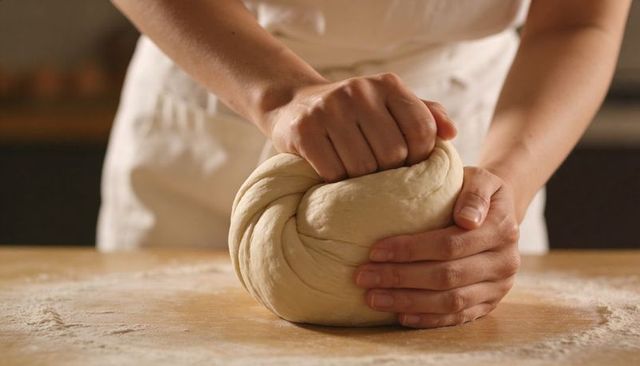 Baker Kneading Dough on Floured Counter for Artisan Bread Baking Warm Rustic Kitchen