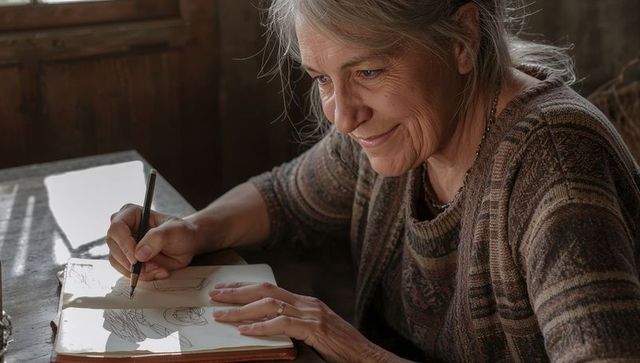Senior woman sketching in sketchbook by sunlit window wearing cozy sweater and necklace