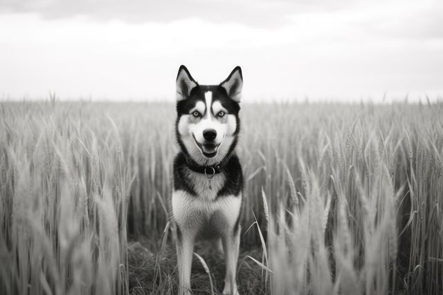 Siberian Husky standing in wheat field under an overcast sky, ideal for themes related to nature, outdoor activities, farmland life, and pet companionship. Can be used in pet care advertisements, nature photography collections, or agricultural promotional materials.