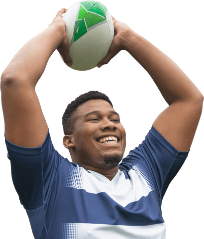 Joyful Rugby Player Throwing Ball on Transparent Background