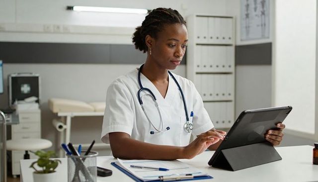 Nurse reviewing tablet while updating digital records at minimal clinic desk, stethoscope