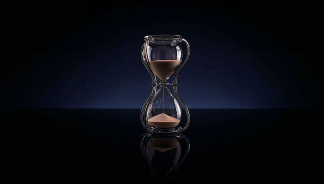 Elegant hourglass with flowing sand on reflective surface