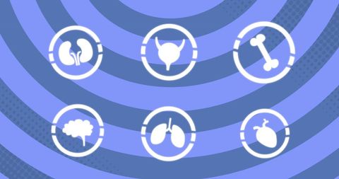 Medical structure symbols over blue striped background