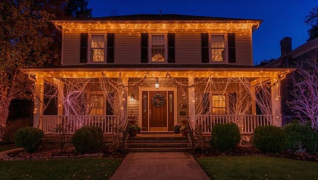 Festive Two-Story House Illuminated for Holiday Celebration at Dusk