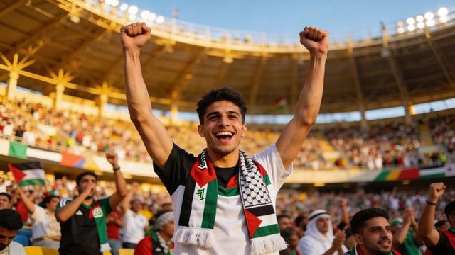 Enthusiastic fan cheering in stadium wearing palestinian scarf and waving flag