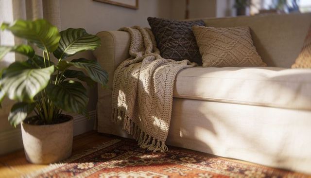 Sunlit cozy living room corner draping chunky knit throw on beige sofa with potted plant
