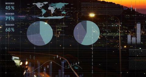 Overlaying Data Visualizations on Night City Highway with Pie Charts and World Map