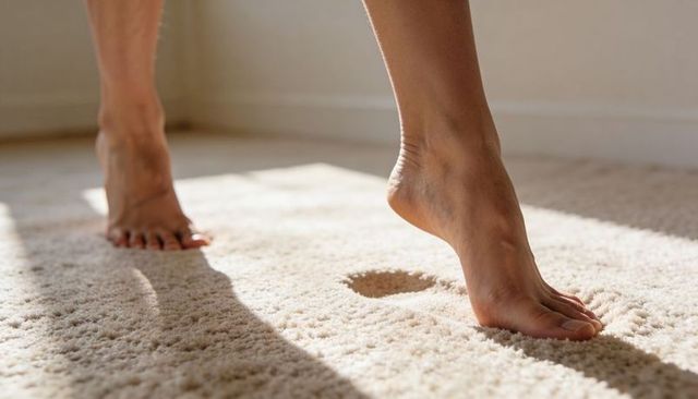 Barefoot stepping on plush beige carpet leaving heel impression in warm sunlight