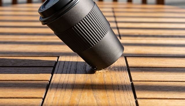 Black travel coffee cup tipping on teak deck with sunlit droplets and strong shadows