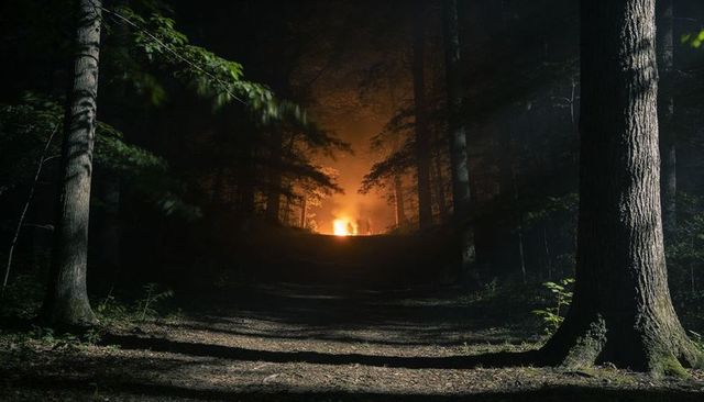Backlit Campfire on Forest Trail at Night with Silhouetted Figures and Smoke Glow