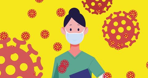 Healthcare Worker Wearing Mask with Virus Icon Background