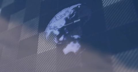 Rotating Holographic Globe Highlighting Australia over Blue Diagonal Grid Projection