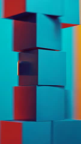 Vertical Video Showing Teal Cube Column Rotating, Revealing Yellow Cube and Red Flashes