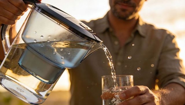 Bearded man pouring filtered water into glass on sunlit patio, hydration lifestyle