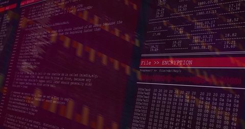 Encryption dashboard displaying code and hex dump with network analytics for cybersecurity