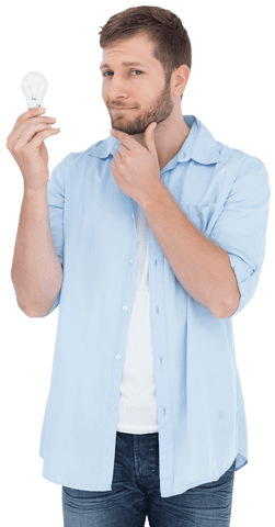 Pensive Man Holding Light Bulb Intently, Transparent Background