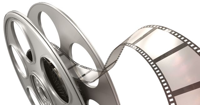 Image shows a close-up view of a film reel with filmstrip unwinding. Suitable for use in contexts involving movie production, film industry, cinematic art, and entertainment. Ideal for promoting film festivals, movie memorabilia, retro film studies, and audiovisual presentations.