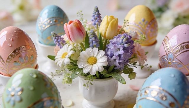Spring bouquet blooming with tulips, daisies and hyacinths among pastel easter eggs