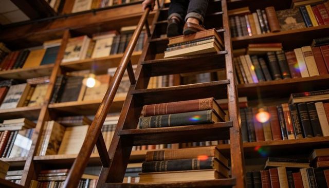 Cozy vintage bookshop ladder with stacked leatherbound volumes and cuffed denim jeans