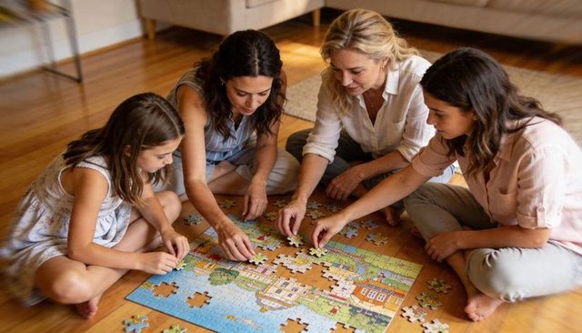 Multigenerational family assembling colorful jigsaw puzzle on hardwood floor