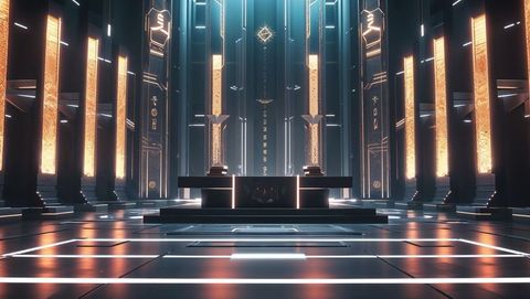 Futuristic Glowing Platform in Cyberpunk Hallway