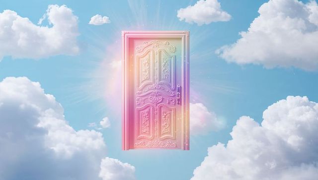 Mystical glowing door amidst dreamy clouds in vibrant sky