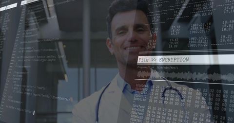 Healthcare Professional with Data Encryption in Futuristic Clinic