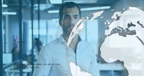 Businessman Analyzing Holographic Global Data Visualization and Code Overlay in Tech Office