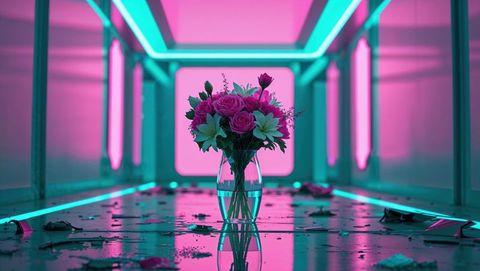 Glowing Neon Corridor with Floral Arrangement Vibrance