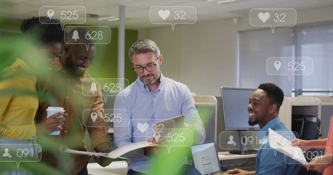 Modern office team collaboration with social media interactions