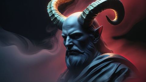 Horned satan glowering in misty fantasy realm