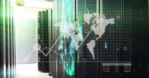 Projecting holographic world map over server racks in data center with neon HUD and analytics