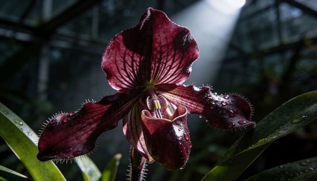 Maroon slipper orchid blooming with dew and backlit texture in conservatory macro