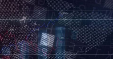 Global Market Dashboard Displaying Rising Blue Trendline and Red Dip on Digital World Map