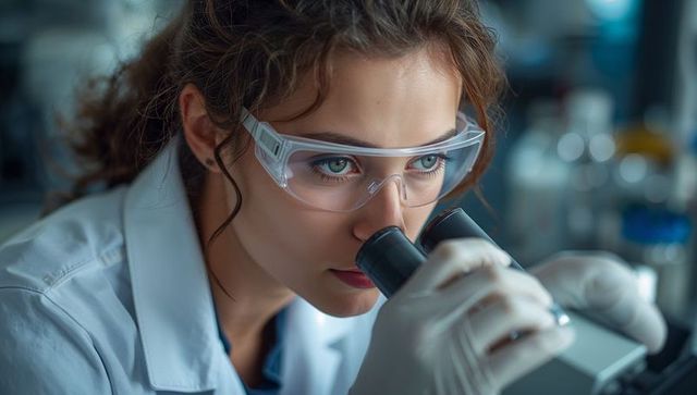 Female scientist using microscope in advanced laboratory setting