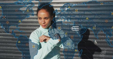 Urban athlete adjusting jacket with global tech overlay and activewear training energy