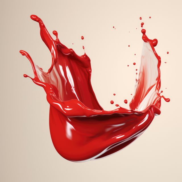 Close up of red liquid splashing on beige background created using generative ai technology. Liquid and colour concept digitally generated image.