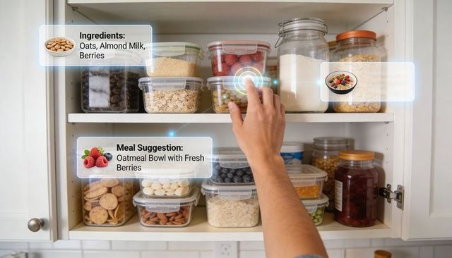 Selecting fresh berries from organized kitchen pantry with ar meal suggestions