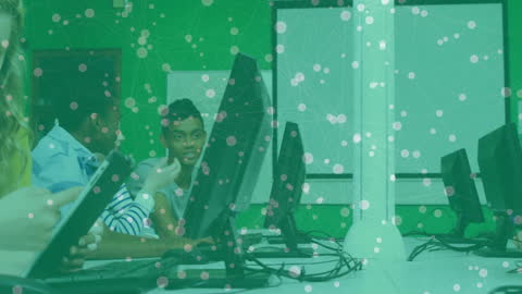 Diverse Students Using Computers with Digital Network Overlay