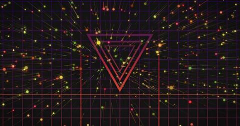 Radiating Neon Inverted Triangle Tunnel Drawing Into Vanishing Point on Cyber Grid