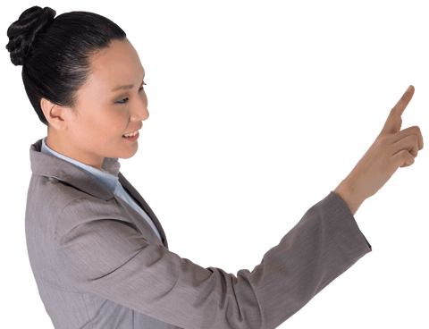 Smiling asian businesswoman pointing forward transparent background