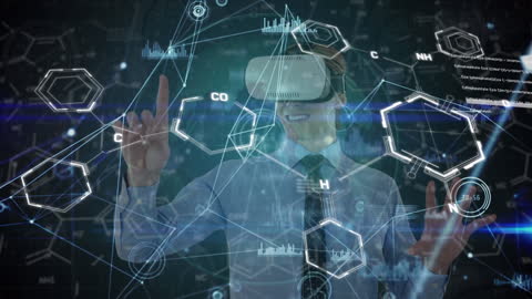 Man in Virtual Reality Interface with Chemical Formulas