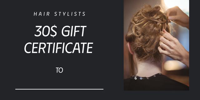 Elegant hair salon gift certificate template theme showcasing promotion or voucher for a $30 gift under hairstylist. Suitable for beauty salons to elevate client gifts, run a promotion, or offer rewards. Easily customizable to include salon name and specific details to enhance brand awareness and client relationships.