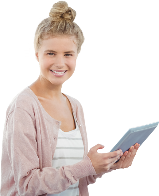 Smiling Woman Holding Tablet in Transparent Background - Download Free Stock Videos Pikwizard.com