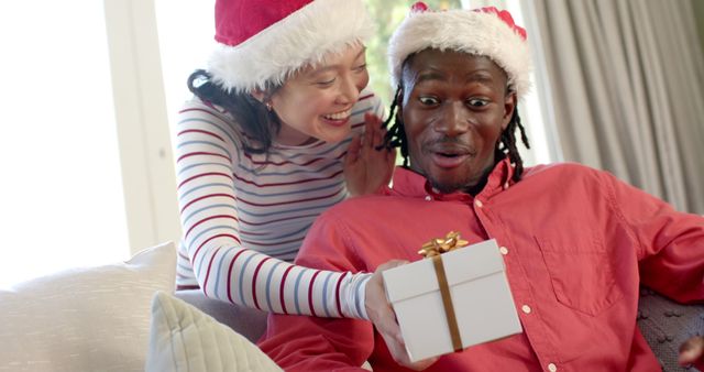 Excited Couple Exchanging Christmas Gifts in Festive Setting - Download Free Stock Images Pikwizard.com